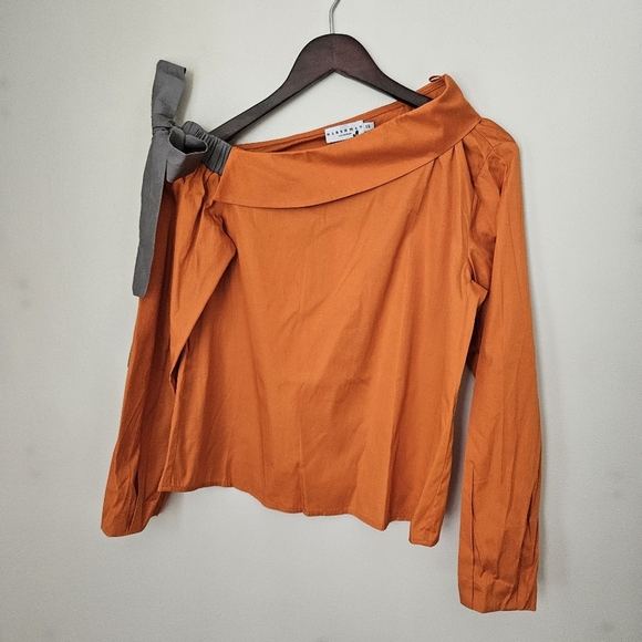 Harshman Blouse Liana Burnt Orange Tie Bow Off One Shoulder Poplin Fall Casual - Picture 2 of 14